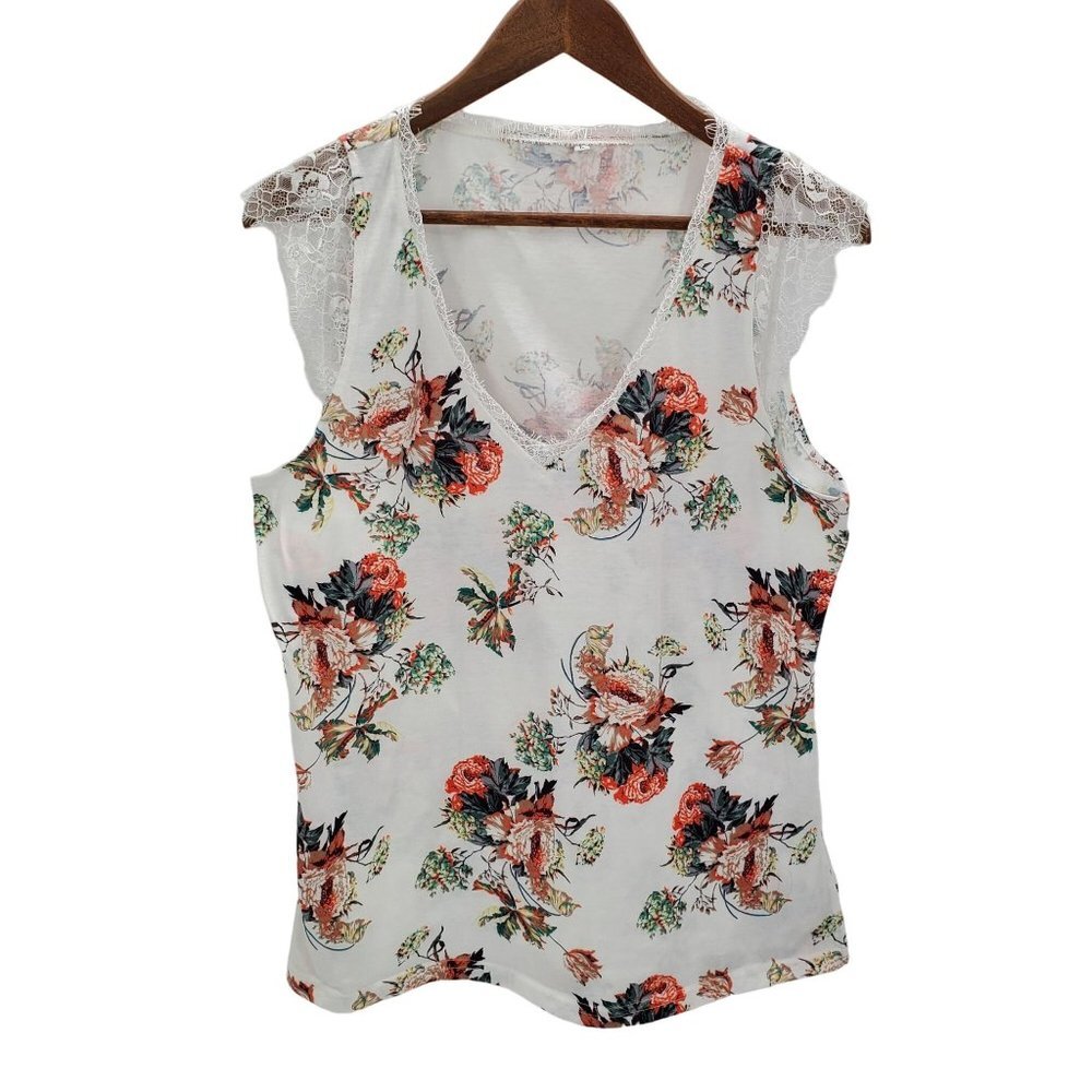 Womens Floral Tank Top Size L Large Lace Trim V-Neck‎ Lightweight Casual Summer